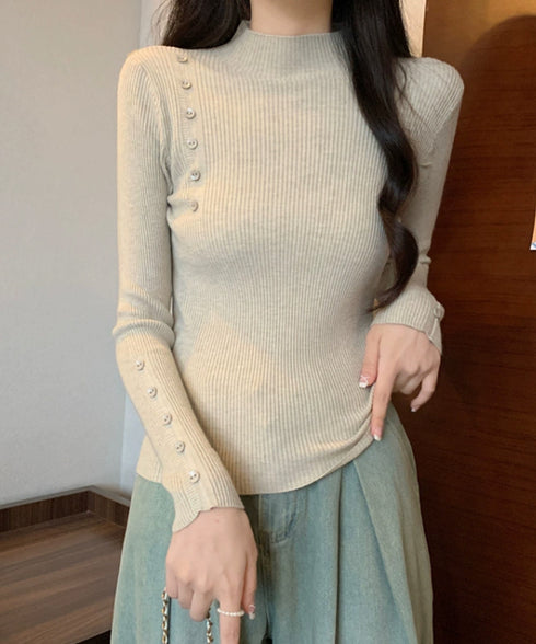 ニットトップス 飾りボタン リブニット レディース プチハイネック ニットプルオーバー 細身 着回しニットウェア カジュアル タイトトップス 春秋ニットインナー 85YN-900536