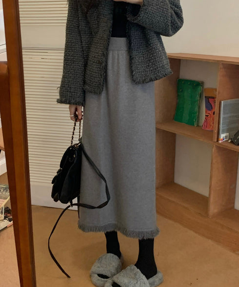 ロングスカート 裾フリンジニットスカート レディース ハイウエスト ミモレ丈スカート 着やせ きれいめボトムス ウエストゴム ベーシック ニットスカートお洒落 85YN-900537
