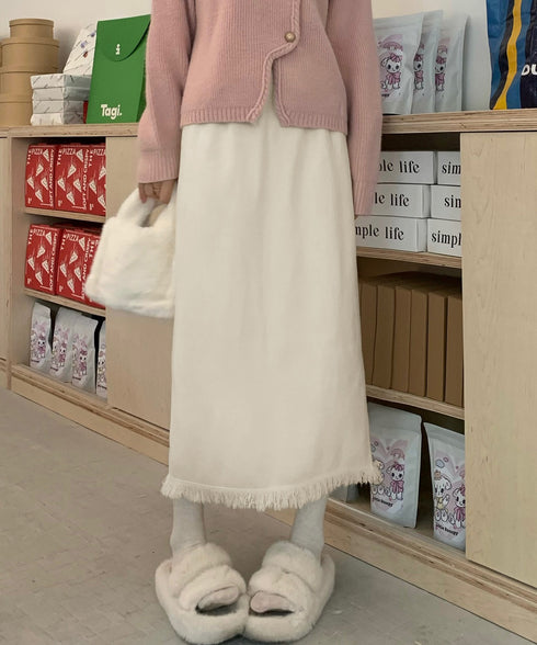 ロングスカート 裾フリンジニットスカート レディース ハイウエスト ミモレ丈スカート 着やせ きれいめボトムス ウエストゴム ベーシック ニットスカートお洒落 85YN-900537