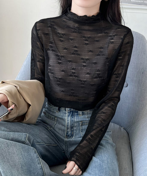 花柄ジャガードシースルートップス 韓国風 レディース プチハイネック 総レースブラウス セクシー シアートップス メロウプルオーバー 透け感 重ね着インナー 薄手 85YN-900543