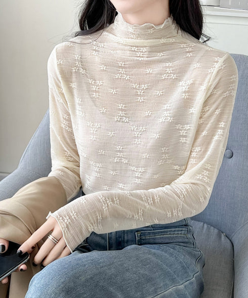花柄ジャガードシースルートップス 韓国風 レディース プチハイネック 総レースブラウス セクシー シアートップス メロウプルオーバー 透け感 重ね着インナー 薄手 85YN-900543