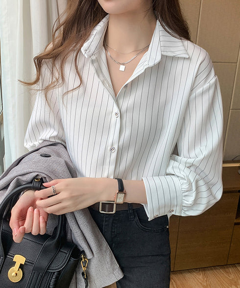 ストライプシャツブラウス レディース長袖 ワイシャツ Vネック きれいめ春シャツ オフィスカジュアルトップス 通勤長袖シャツブラウス 30代40代 レトロブラウス 85YN-900544