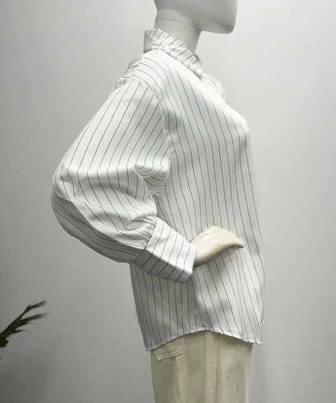 ストライプシャツブラウス レディース長袖 ワイシャツ Vネック きれいめ春シャツ オフィスカジュアルトップス 通勤長袖シャツブラウス 30代40代 レトロブラウス 85YN-900544