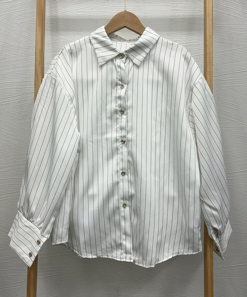 ストライプシャツブラウス レディース長袖 ワイシャツ Vネック きれいめ春シャツ オフィスカジュアルトップス 通勤長袖シャツブラウス 30代40代 レトロブラウス 85YN-900544