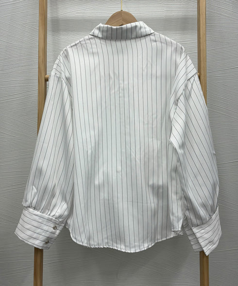 ストライプシャツブラウス レディース長袖 ワイシャツ Vネック きれいめ春シャツ オフィスカジュアルトップス 通勤長袖シャツブラウス 30代40代 レトロブラウス 85YN-900544