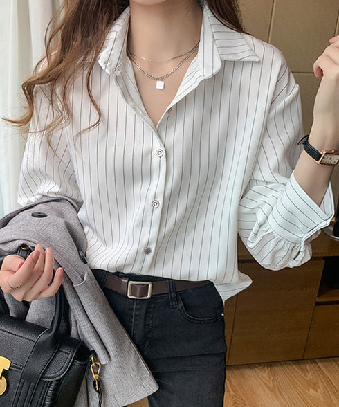 ストライプシャツブラウス レディース長袖 ワイシャツ Vネック きれいめ春シャツ オフィスカジュアルトップス 通勤長袖シャツブラウス 30代40代 レトロブラウス 85YN-900544