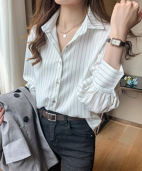 ストライプシャツブラウス レディース長袖 ワイシャツ Vネック きれいめ春シャツ オフィスカジュアルトップス 通勤長袖シャツブラウス 30代40代 レトロブラウス 85YN-900544