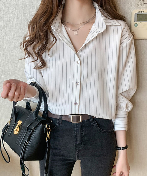 ストライプシャツブラウス レディース長袖 ワイシャツ Vネック きれいめ春シャツ オフィスカジュアルトップス 通勤長袖シャツブラウス 30代40代 レトロブラウス 85YN-900544