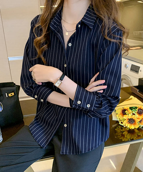 ストライプシャツブラウス レディース長袖 ワイシャツ Vネック きれいめ春シャツ オフィスカジュアルトップス 通勤長袖シャツブラウス 30代40代 レトロブラウス 85YN-900544