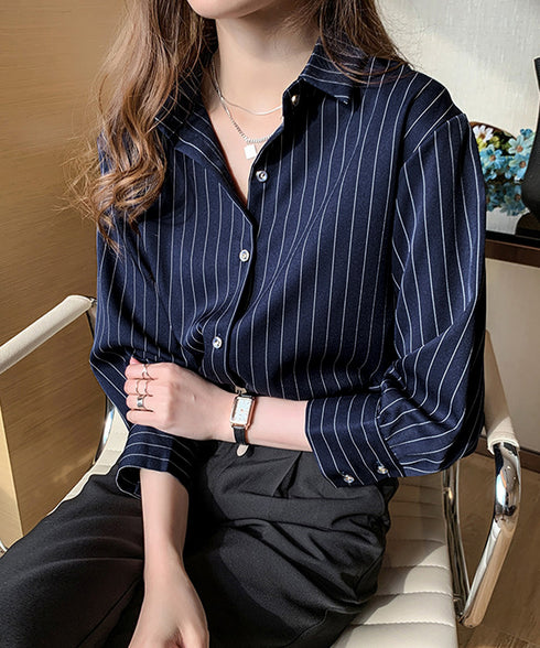 ストライプシャツブラウス レディース長袖 ワイシャツ Vネック きれいめ春シャツ オフィスカジュアルトップス 通勤長袖シャツブラウス 30代40代 レトロブラウス 85YN-900544