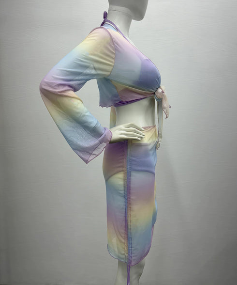 カラフル水着4点セットスイムウェアみずぎ ホルターネック レディース水着ビキニ 日焼け防止長袖トップス ドロスト付きミニスカート 水着上下セット盛れる 海水浴 85YN-900548