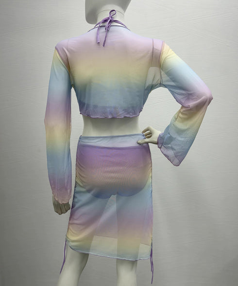 カラフル水着4点セットスイムウェアみずぎ ホルターネック レディース水着ビキニ 日焼け防止長袖トップス ドロスト付きミニスカート 水着上下セット盛れる 海水浴 85YN-900548