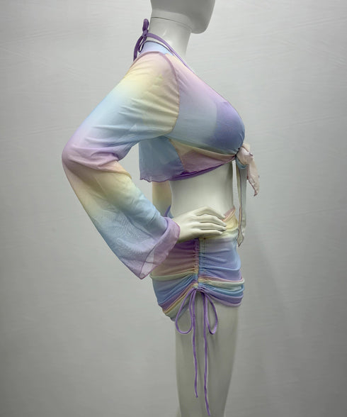 カラフル水着4点セットスイムウェアみずぎ ホルターネック レディース水着ビキニ 日焼け防止長袖トップス ドロスト付きミニスカート 水着上下セット盛れる 海水浴 85YN-900548