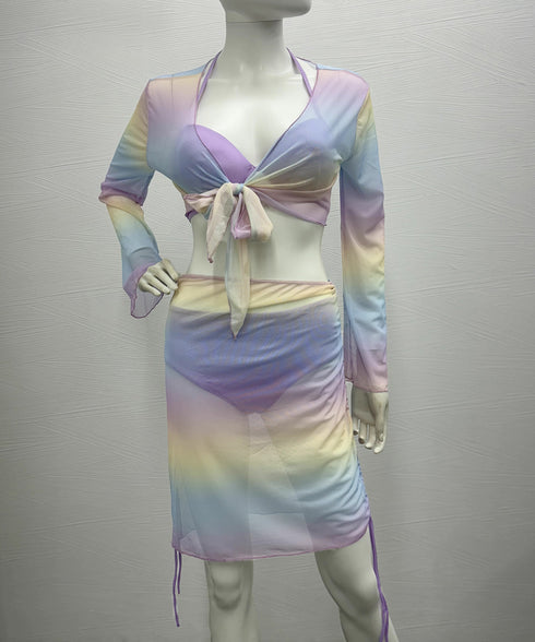 カラフル水着4点セットスイムウェアみずぎ ホルターネック レディース水着ビキニ 日焼け防止長袖トップス ドロスト付きミニスカート 水着上下セット盛れる 海水浴 85YN-900548