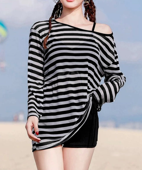 水着3点セット 露出控えめセパレート水着 レースアップビキニ レディース ハイウエストショートパンツ ボーダーラッシュガード 水着セット 日焼け防止 着やせ 85YN-900550