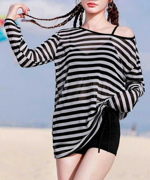 水着3点セット 露出控えめセパレート水着 レースアップビキニ レディース ハイウエストショートパンツ ボーダーラッシュガード 水着セット 日焼け防止 着やせ 85YN-900550