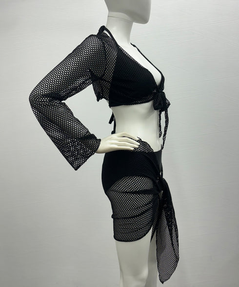 ビキニウェア メッシュパレオボレロセット ホルターネックタンキニ ショートパンツ パレオ付き 無地 ボレロ付き 透け感 セクシー水着4点セット 韓国風 夏海 85YN-900551