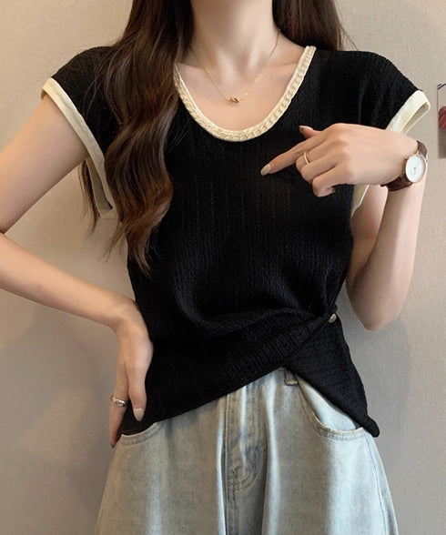 ニットTシャツ フレンチスリーブ 着回し ノースリーブニットトップス きれいめ 配色 春夏トップス 丸首 薄手ニットソー韓国風 カジュアル 85YN-900558