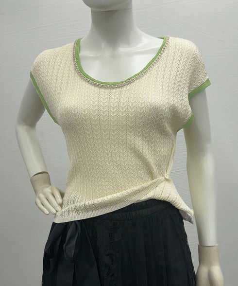 ニットTシャツ フレンチスリーブ 着回し ノースリーブニットトップス きれいめ 配色 春夏トップス 丸首 薄手ニットソー韓国風 カジュアル 85YN-900558