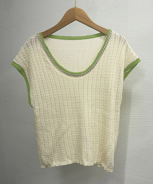 ニットTシャツ フレンチスリーブ 着回し ノースリーブニットトップス きれいめ 配色 春夏トップス 丸首 薄手ニットソー韓国風 カジュアル 85YN-900558