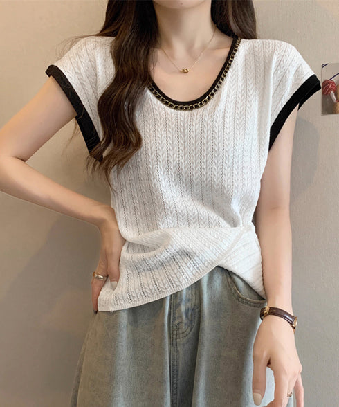 ニットTシャツ フレンチスリーブ 着回し ノースリーブニットトップス きれいめ 配色 春夏トップス 丸首 薄手ニットソー韓国風 カジュアル 85YN-900558