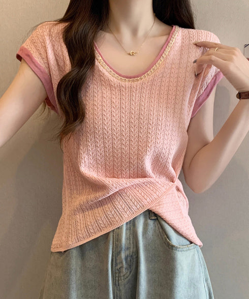 ニットTシャツ フレンチスリーブ 着回し ノースリーブニットトップス きれいめ 配色 春夏トップス 丸首 薄手ニットソー韓国風 カジュアル 85YN-900558