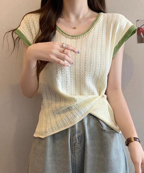 ニットTシャツ フレンチスリーブ 着回し ノースリーブニットトップス きれいめ 配色 春夏トップス 丸首 薄手ニットソー韓国風 カジュアル 85YN-900558