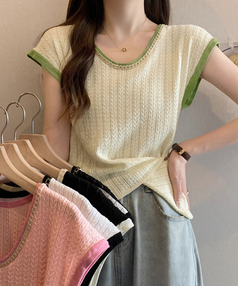 ニットTシャツ フレンチスリーブ 着回し ノースリーブニットトップス きれいめ 配色 春夏トップス 丸首 薄手ニットソー韓国風 カジュアル 85YN-900558