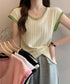 ニットTシャツ フレンチスリーブ 着回し ノースリーブニットトップス きれいめ 配色 春夏トップス 丸首 薄手ニットソー韓国風 カジュアル 85YN-900558