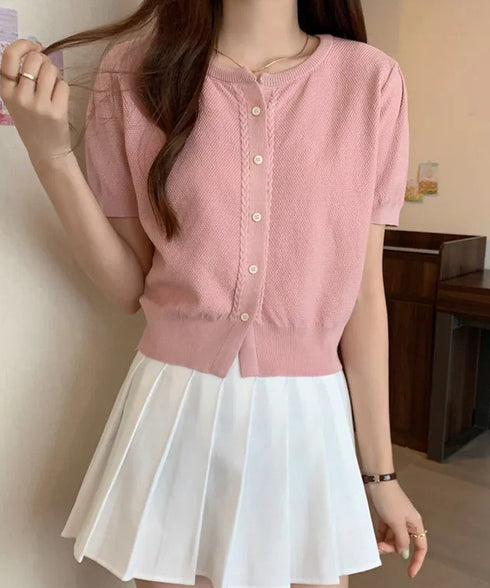 ニットカーディガン きれいめ 無地 大人 レディース ニットトップス ショート丈 クールネック 薄手 半袖 サマーカーディガン カジュアル オフィス おしゃれ 85YN-900559