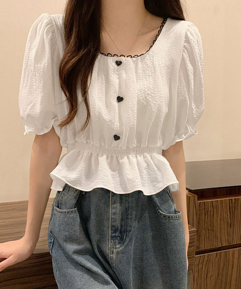 シャツブラウス 薄手トップス 韓国風 レディース 大人可愛い ショート丈シャツ パフスリーブ フェミニン フリルブラウス きれいめ トップス 85YN-900560