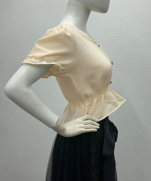 シャツブラウス 薄手トップス 韓国風 レディース 大人可愛い ショート丈シャツ パフスリーブ フェミニン フリルブラウス きれいめ トップス 85YN-900560