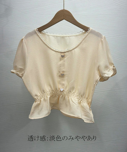 シャツブラウス 薄手トップス 韓国風 レディース 大人可愛い ショート丈シャツ パフスリーブ フェミニン フリルブラウス きれいめ トップス 85YN-900560