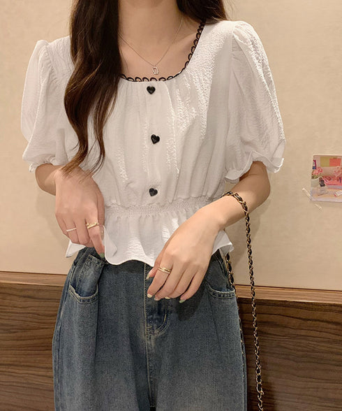 シャツブラウス 薄手トップス 韓国風 レディース 大人可愛い ショート丈シャツ パフスリーブ フェミニン フリルブラウス きれいめ トップス 85YN-900560