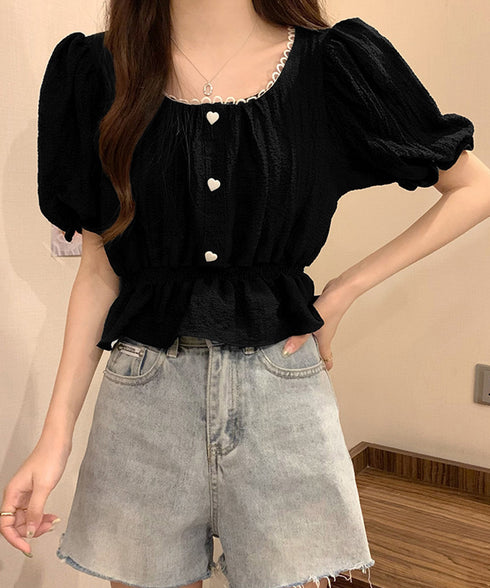 シャツブラウス 薄手トップス 韓国風 レディース 大人可愛い ショート丈シャツ パフスリーブ フェミニン フリルブラウス きれいめ トップス 85YN-900560