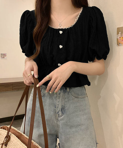シャツブラウス 薄手トップス 韓国風 レディース 大人可愛い ショート丈シャツ パフスリーブ フェミニン フリルブラウス きれいめ トップス 85YN-900560