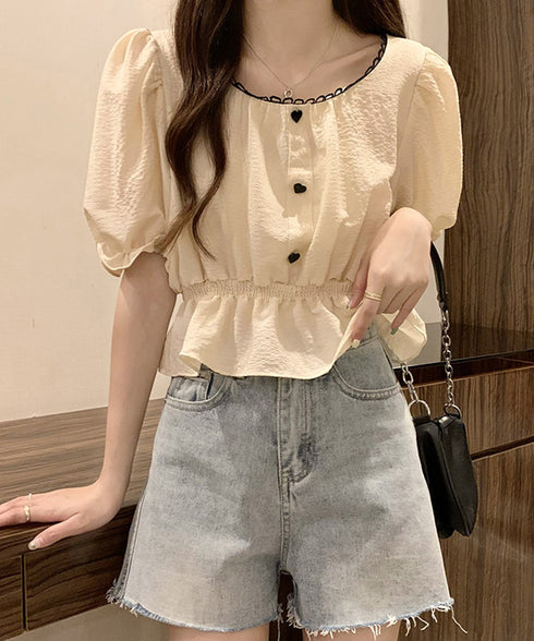 シャツブラウス 薄手トップス 韓国風 レディース 大人可愛い ショート丈シャツ パフスリーブ フェミニン フリルブラウス きれいめ トップス 85YN-900560
