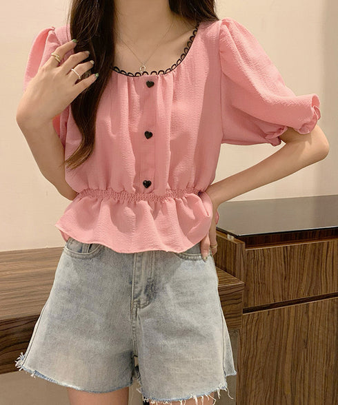 シャツブラウス 薄手トップス 韓国風 レディース 大人可愛い ショート丈シャツ パフスリーブ フェミニン フリルブラウス きれいめ トップス 85YN-900560