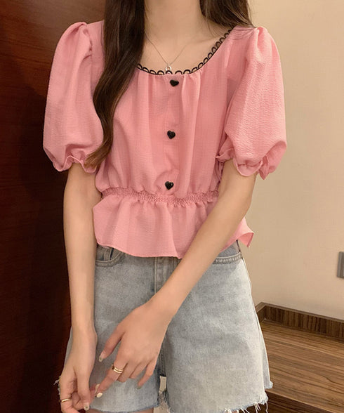 シャツブラウス 薄手トップス 韓国風 レディース 大人可愛い ショート丈シャツ パフスリーブ フェミニン フリルブラウス きれいめ トップス 85YN-900560