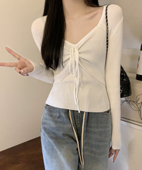 ニットトップス レディース リボン付き ニットセーター 長袖 お洒落 大人可愛い カジュアル ニットウェア リブ ショート丈ニットインナー 韓国風 秋冬 85YN-900572
