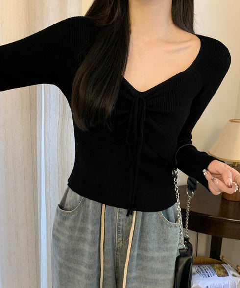 ニットトップス レディース リボン付き ニットセーター 長袖 お洒落 大人可愛い カジュアル ニットウェア リブ ショート丈ニットインナー 韓国風 秋冬 85YN-900572