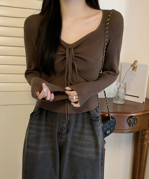 ニットトップス レディース リボン付き ニットセーター 長袖 お洒落 大人可愛い カジュアル ニットウェア リブ ショート丈ニットインナー 韓国風 秋冬 85YN-900572