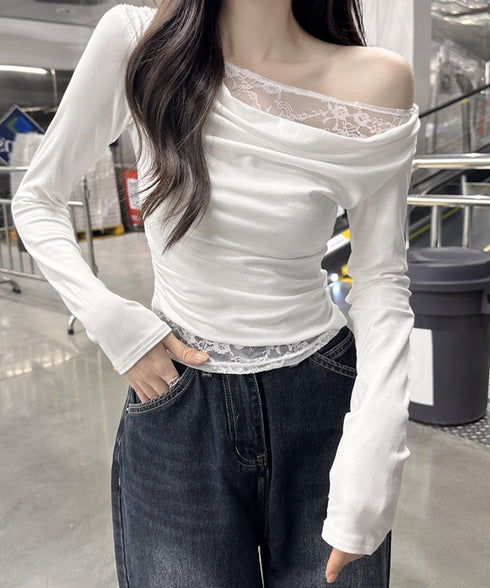 レース 長袖Tシャツ レディース 薄手 肩見せ オフショルダートップス カットソー レイヤード風 レース付き 肌見せ 大人可愛い プルオーバー おしゃれ 85YN-900577