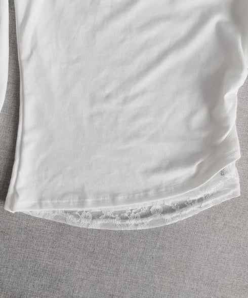 レース 長袖Tシャツ レディース 薄手 肩見せ オフショルダートップス カットソー レイヤード風 レース付き 肌見せ 大人可愛い プルオーバー おしゃれ 85YN-900577