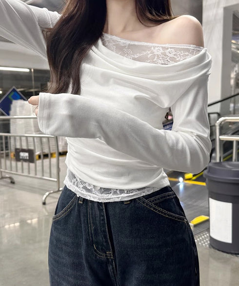 レース 長袖Tシャツ レディース 薄手 肩見せ オフショルダートップス カットソー レイヤード風 レース付き 肌見せ 大人可愛い プルオーバー おしゃれ 85YN-900577