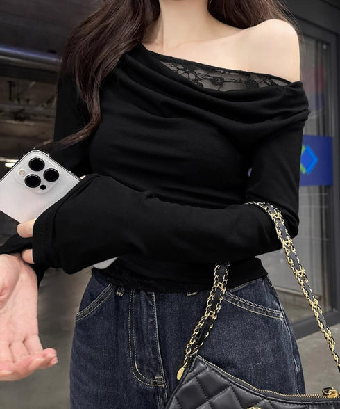 レース 長袖Tシャツ レディース 薄手 肩見せ オフショルダートップス カットソー レイヤード風 レース付き 肌見せ 大人可愛い プルオーバー おしゃれ 85YN-900577