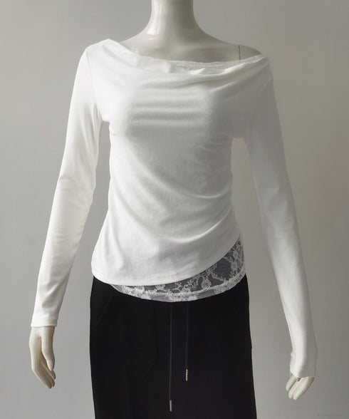 レース 長袖Tシャツ レディース 薄手 肩見せ オフショルダートップス カットソー レイヤード風 レース付き 肌見せ 大人可愛い プルオーバー おしゃれ 85YN-900577