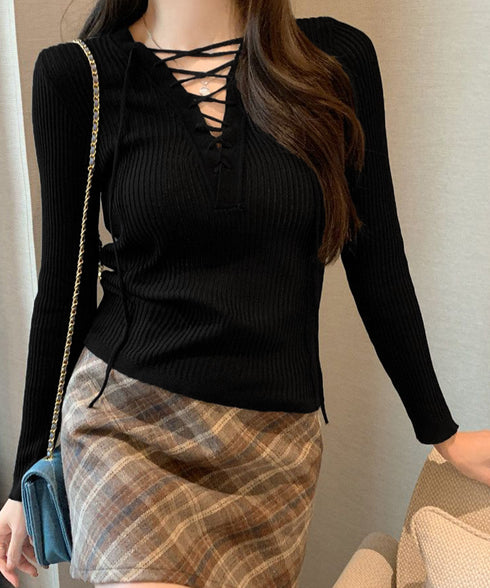 Vネックレースアップ 薄手長袖 トップス プルオーバー レディース リブニット セクシー ニットカットソー ニットインナー 大人カジュアル おしゃれトップス 春夏 85YN-900579