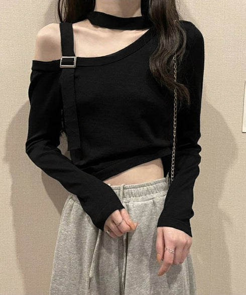 チョーカー風 無地 薄手 肩出しトップス ワンショルダー レディース ショート丈tシャツ アシンメトリー 長袖 肩開きトップス カットソー セクシー 春夏 85YN-900580