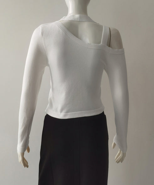 チョーカー風 無地 薄手 肩出しトップス ワンショルダー レディース ショート丈tシャツ アシンメトリー 長袖 肩開きトップス カットソー セクシー 春夏 85YN-900580